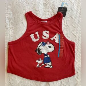 Peanuts Women's USA Snoopy Graphic Print Racerback Cropped Tank Red Large NWT
